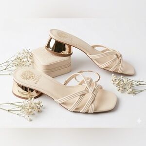 Vince Camuto beige straps slip on sandals gold round heel open toe shoes 9M NWT